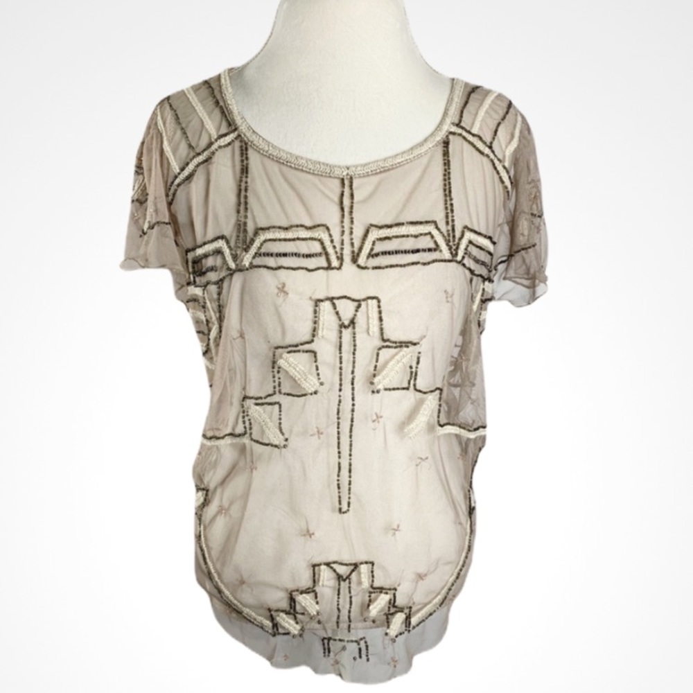 Free People Sheer Beaded Mesh Top Flapper Blouse